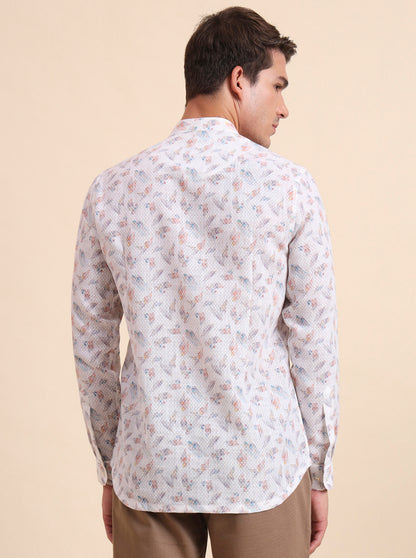 White & Beige Printed Slim Fit Party Wear Kurta | Wyre