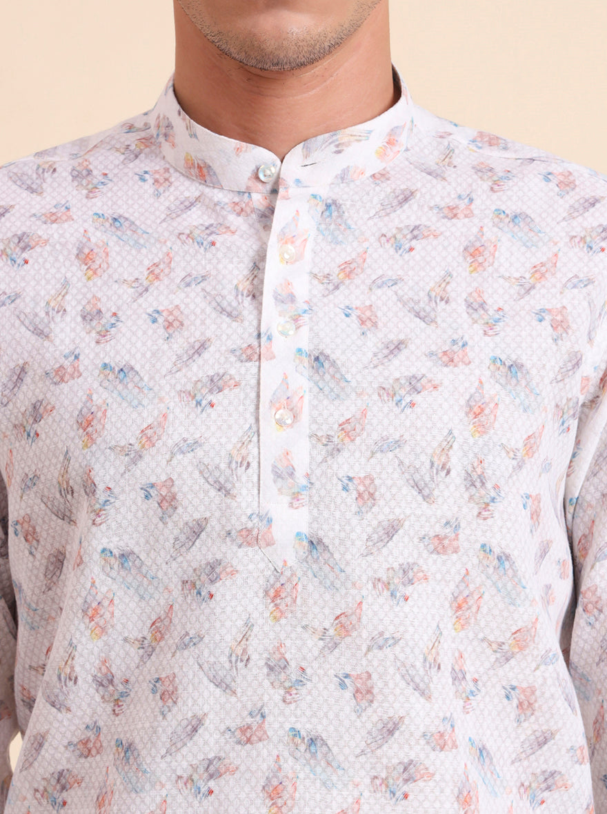 White & Beige Printed Slim Fit Party Wear Kurta | Wyre
