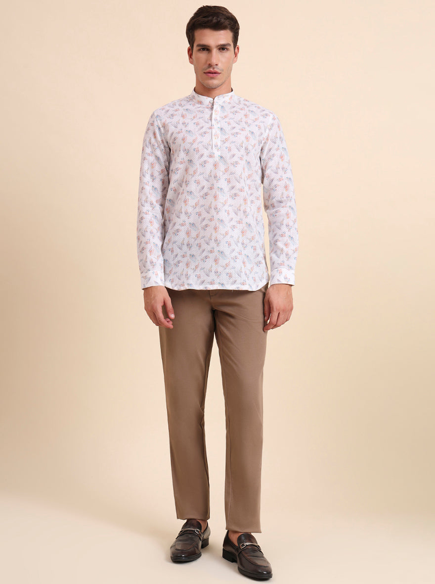 White & Beige Printed Slim Fit Party Wear Kurta | Wyre