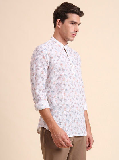 White & Beige Printed Slim Fit Party Wear Kurta | Wyre