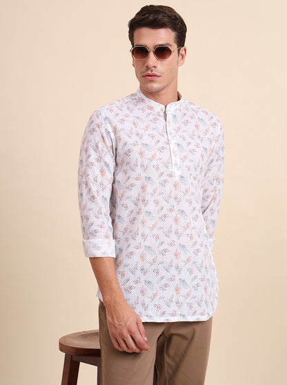 White & Beige Printed Slim Fit Party Wear Kurta | Wyre