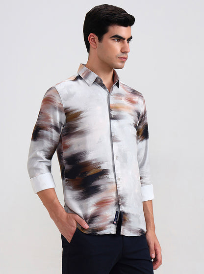 Light Grey Printed Slim Fit Casual Shirt | Greenfibre