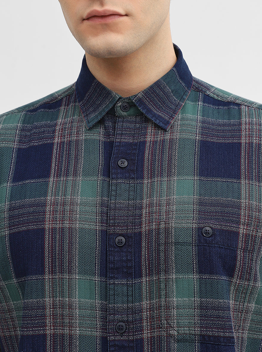 Green & Blue Checked Slim Fit Casual Shirt | JadeBlue