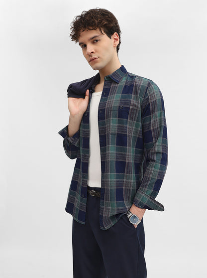 Green & Blue Checked Slim Fit Casual Shirt | JadeBlue
