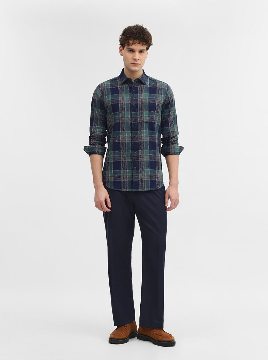 Green & Blue Checked Slim Fit Casual Shirt | JadeBlue