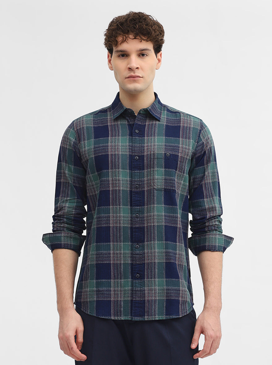Green & Blue Checked Slim Fit Casual Shirt | JadeBlue
