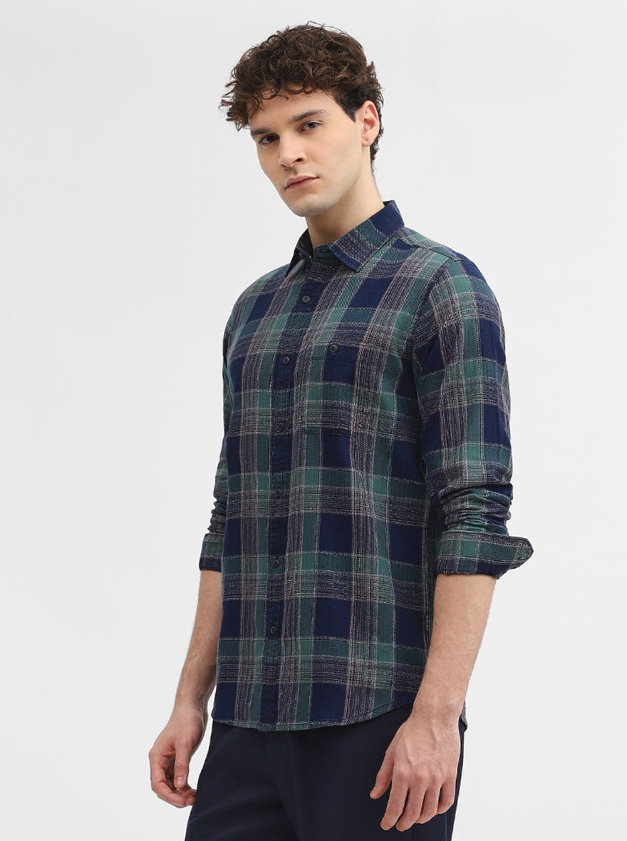 Green & Blue Checked Slim Fit Casual Shirt | JadeBlue
