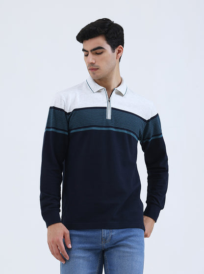 Navy Blue Striped Slim Fit Polo T-Shirt | JadeBlue