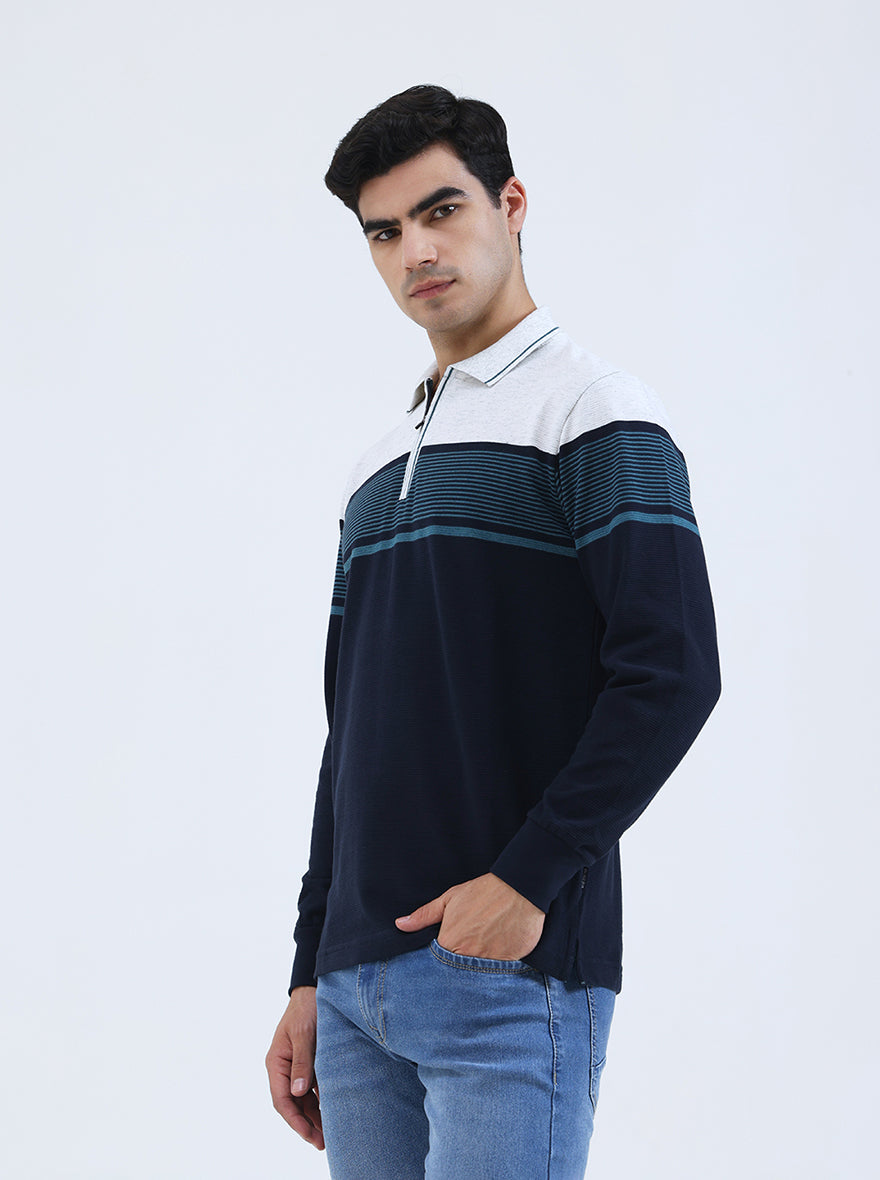 Navy Blue Striped Slim Fit Polo T-Shirt | JadeBlue