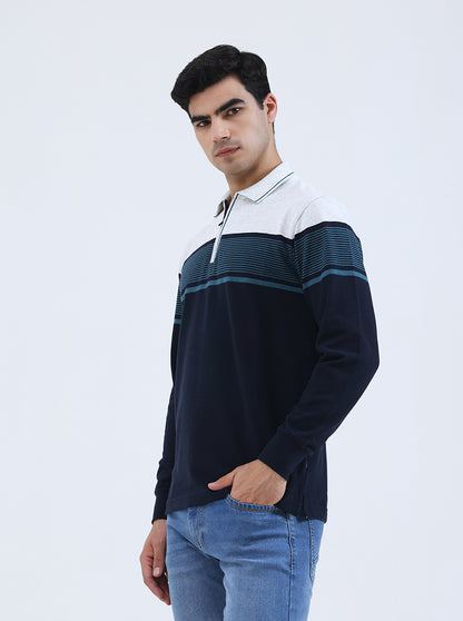Navy Blue Striped Slim Fit Polo T-Shirt | JadeBlue