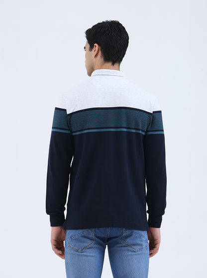 Navy Blue Striped Slim Fit Polo T-Shirt | JadeBlue