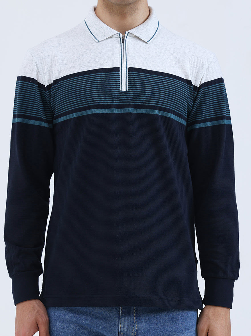 Navy Blue Striped Slim Fit Polo T-Shirt | JadeBlue