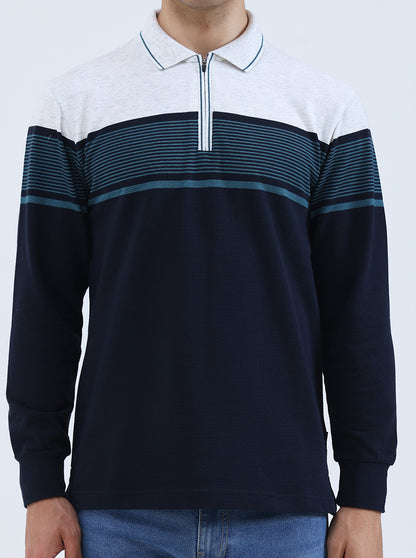 Navy Blue Striped Slim Fit Polo T-Shirt | JadeBlue