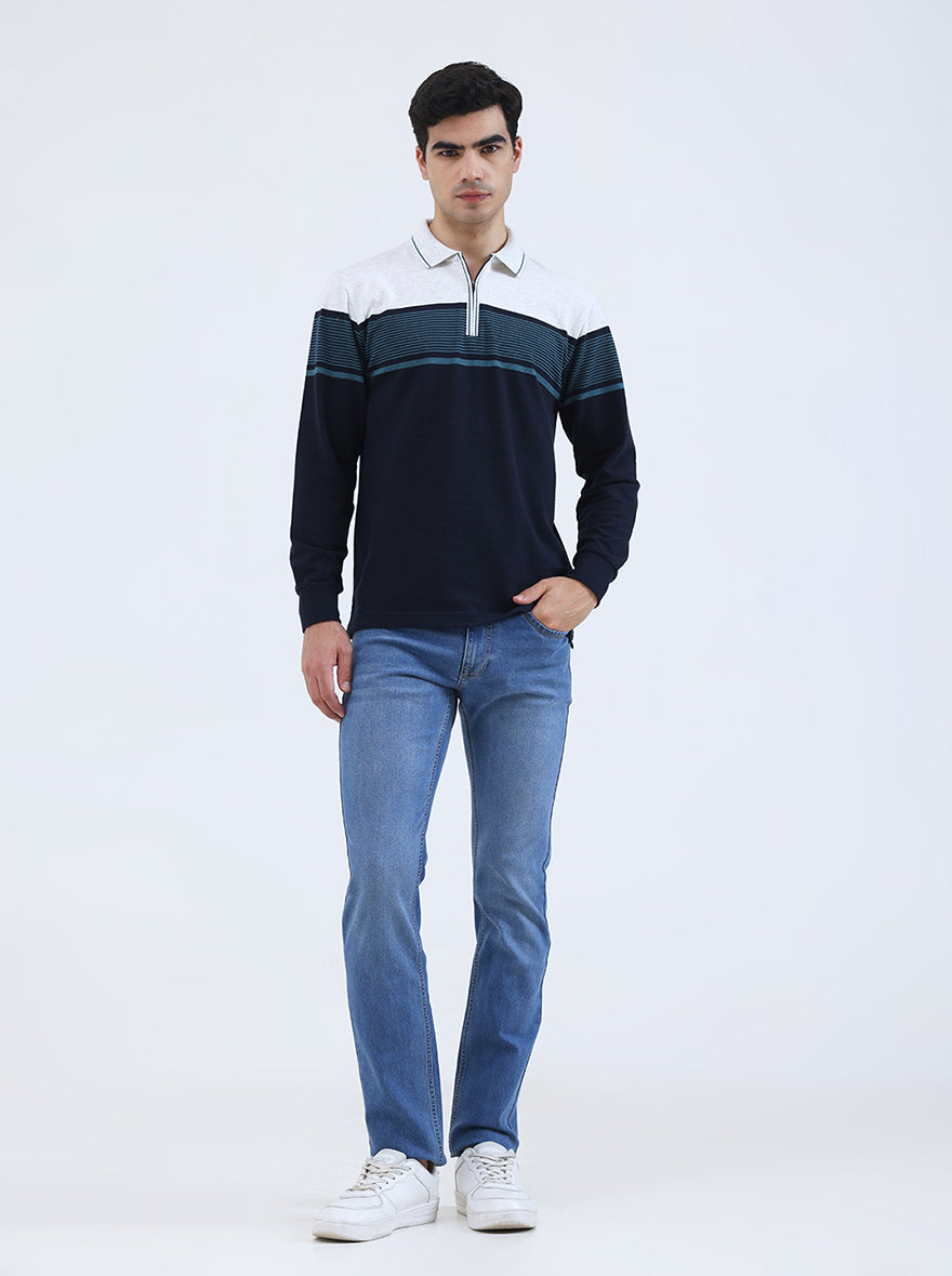Navy Blue Striped Slim Fit Polo T-Shirt | JadeBlue