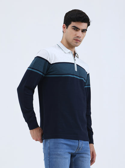 Navy Blue Striped Slim Fit Polo T-Shirt | JadeBlue
