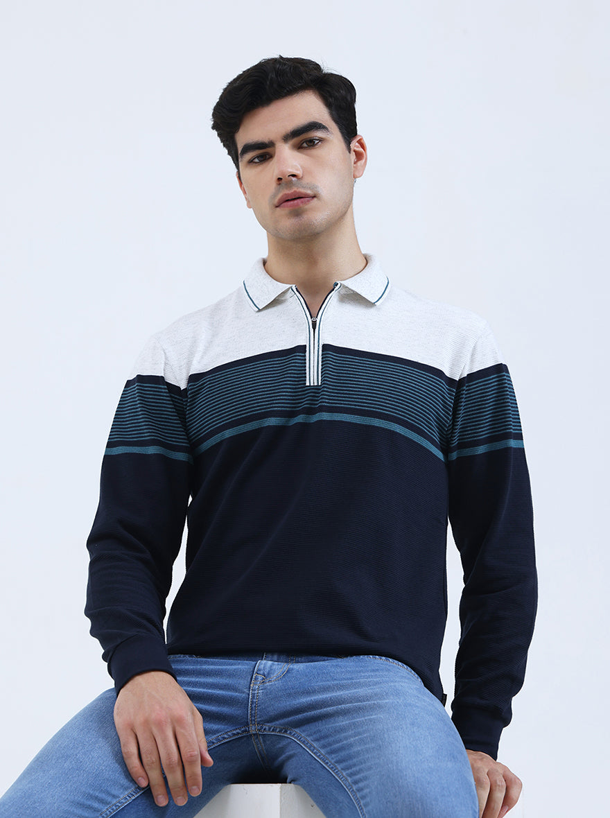 Navy Blue Striped Slim Fit Polo T-Shirt | JadeBlue