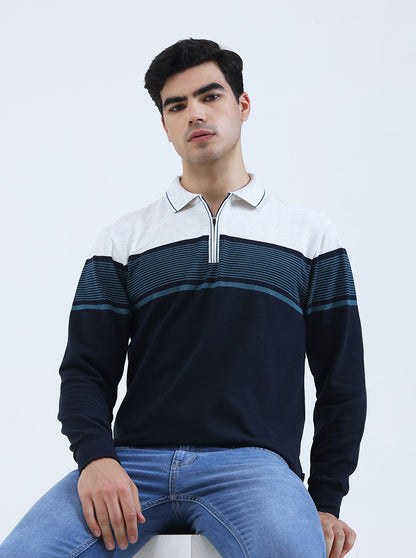 Navy Blue Striped Slim Fit Polo T-Shirt | JadeBlue
