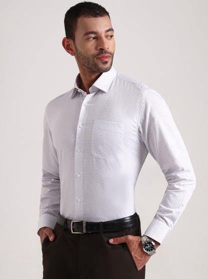White & Grey Printed Regular Fit Formal Shirt | JadeBlue