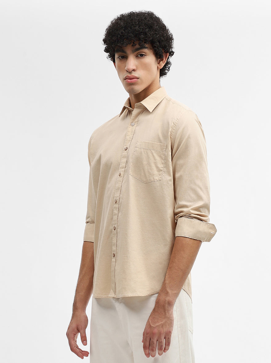 Beige Solid Smart Fit Semi Casual Shirt | Greenfibre