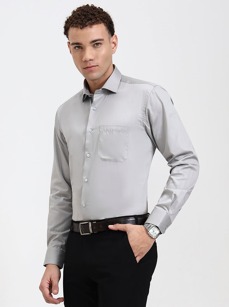 Light Grey Solid Slim Fit Formal Shirt | Metal