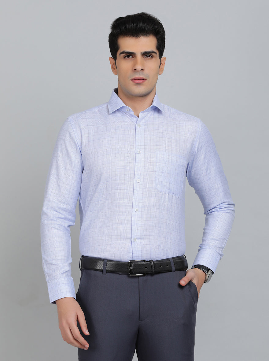 Sky Blue Checked Slim Fit Formal Shirt | Greenfibre
