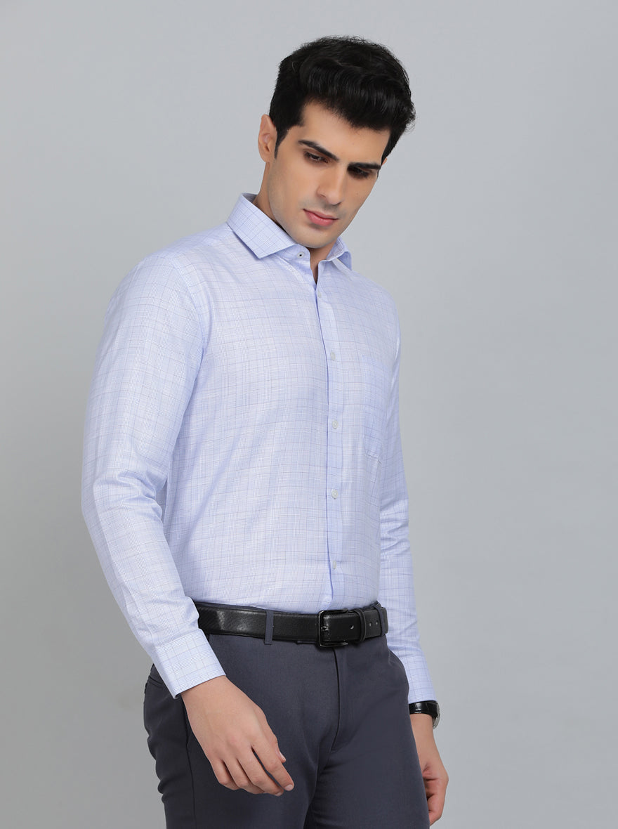 Sky Blue Checked Slim Fit Formal Shirt | Greenfibre