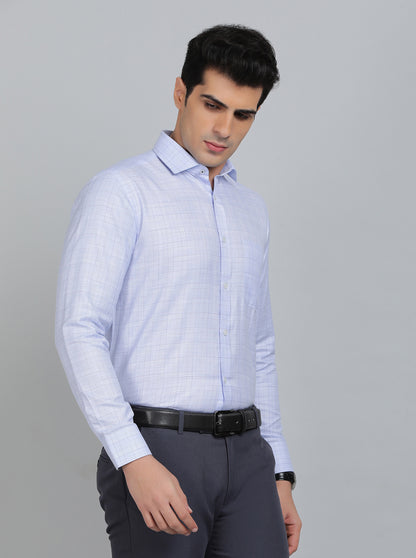 Sky Blue Checked Slim Fit Formal Shirt | Greenfibre