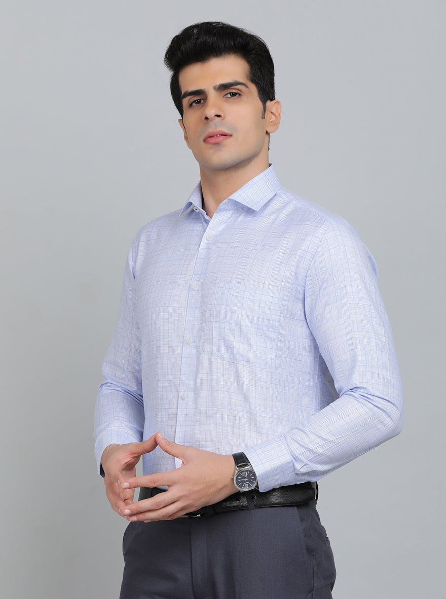 Sky Blue Checked Slim Fit Formal Shirt | Greenfibre