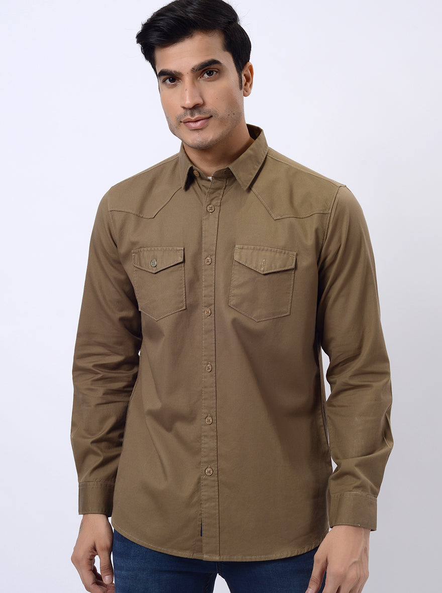 Khaki Solid Slim Fit Casual Shirt | JadeBlue