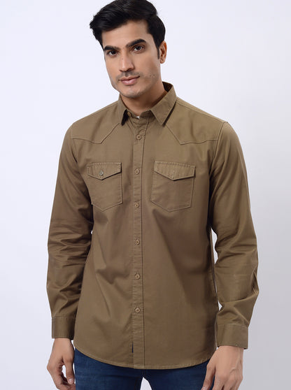 Khaki Solid Slim Fit Casual Shirt | JadeBlue