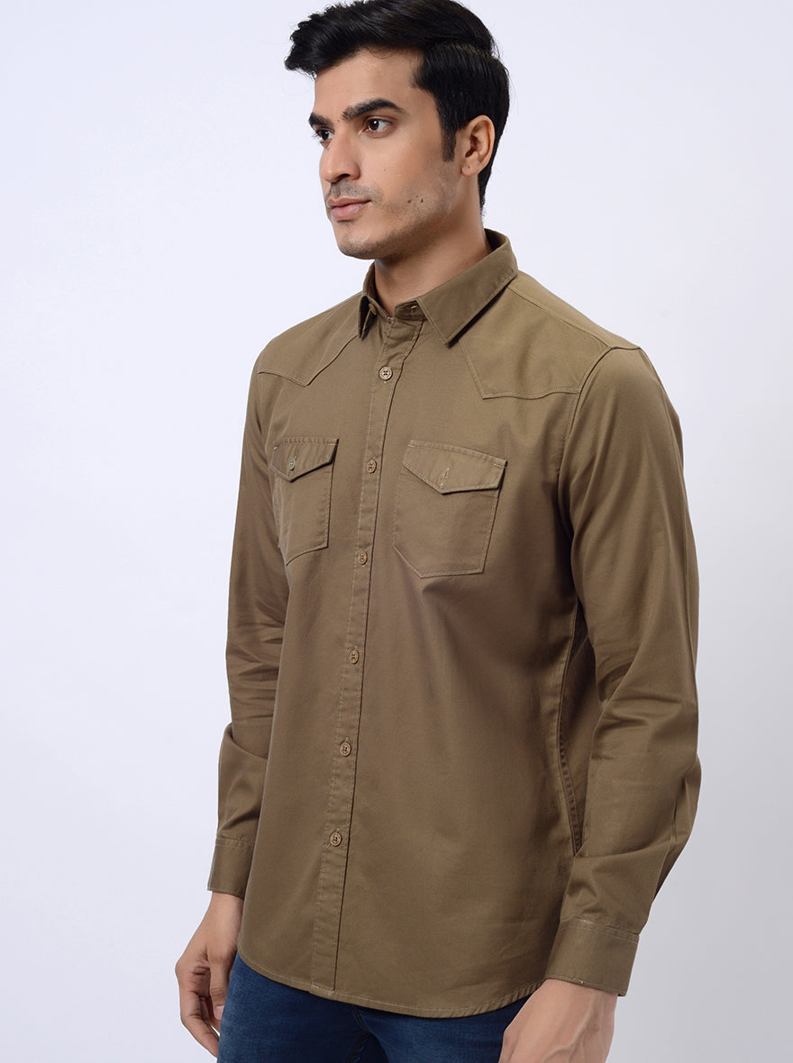 Khaki Solid Slim Fit Casual Shirt | JadeBlue
