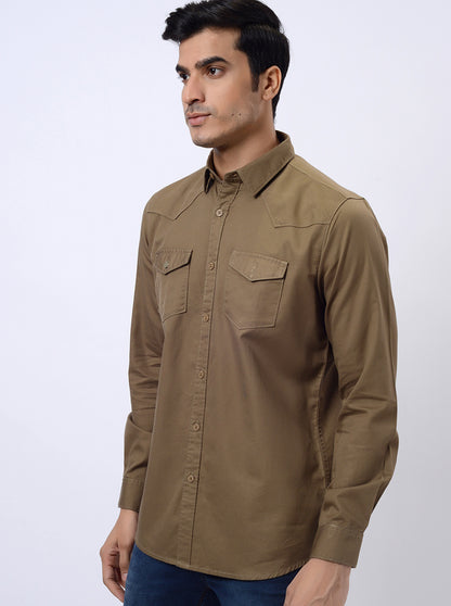 Khaki Solid Slim Fit Casual Shirt | JadeBlue
