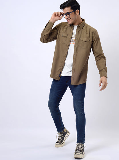 Khaki Solid Slim Fit Casual Shirt | JadeBlue
