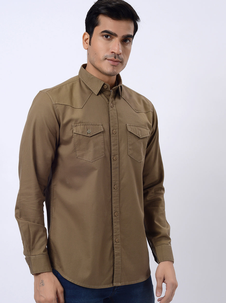 Khaki Solid Slim Fit Casual Shirt | JadeBlue