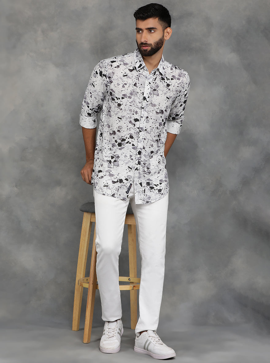 Light Grey Printed Slim Fit Casual Shirt | JadeBlue