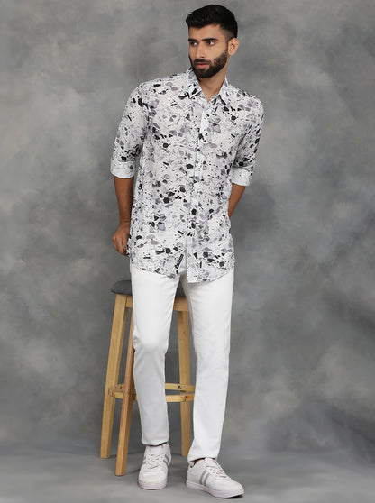 Light Grey Printed Slim Fit Casual Shirt | JadeBlue