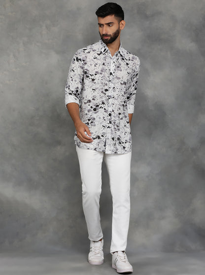 Light Grey Printed Slim Fit Casual Shirt | JadeBlue