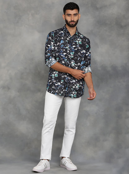 Black Printed Slim Fit Casual Shirt | JadeBlue