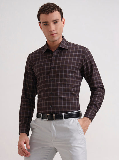 Brown Checked Slim Fit Formal Shirt | Metal