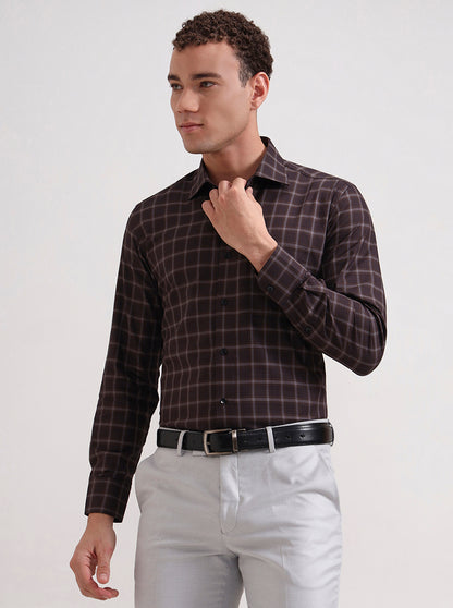 Brown Checked Slim Fit Formal Shirt | Metal