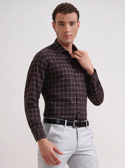 Brown Checked Slim Fit Formal Shirt | Metal
