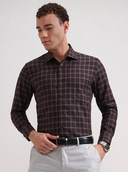 Brown Checked Slim Fit Formal Shirt | Metal