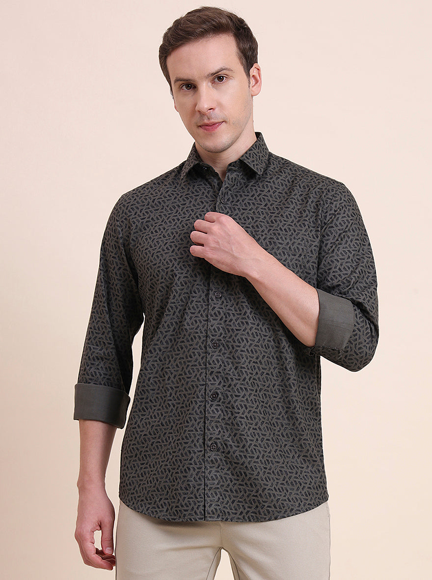 Olive Printed Tailored Fit Semi Casual Shirt | JadeBlue