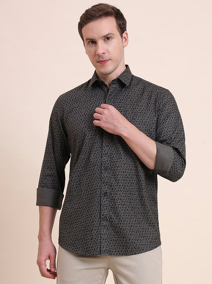 Olive Printed Tailored Fit Semi Casual Shirt | JadeBlue