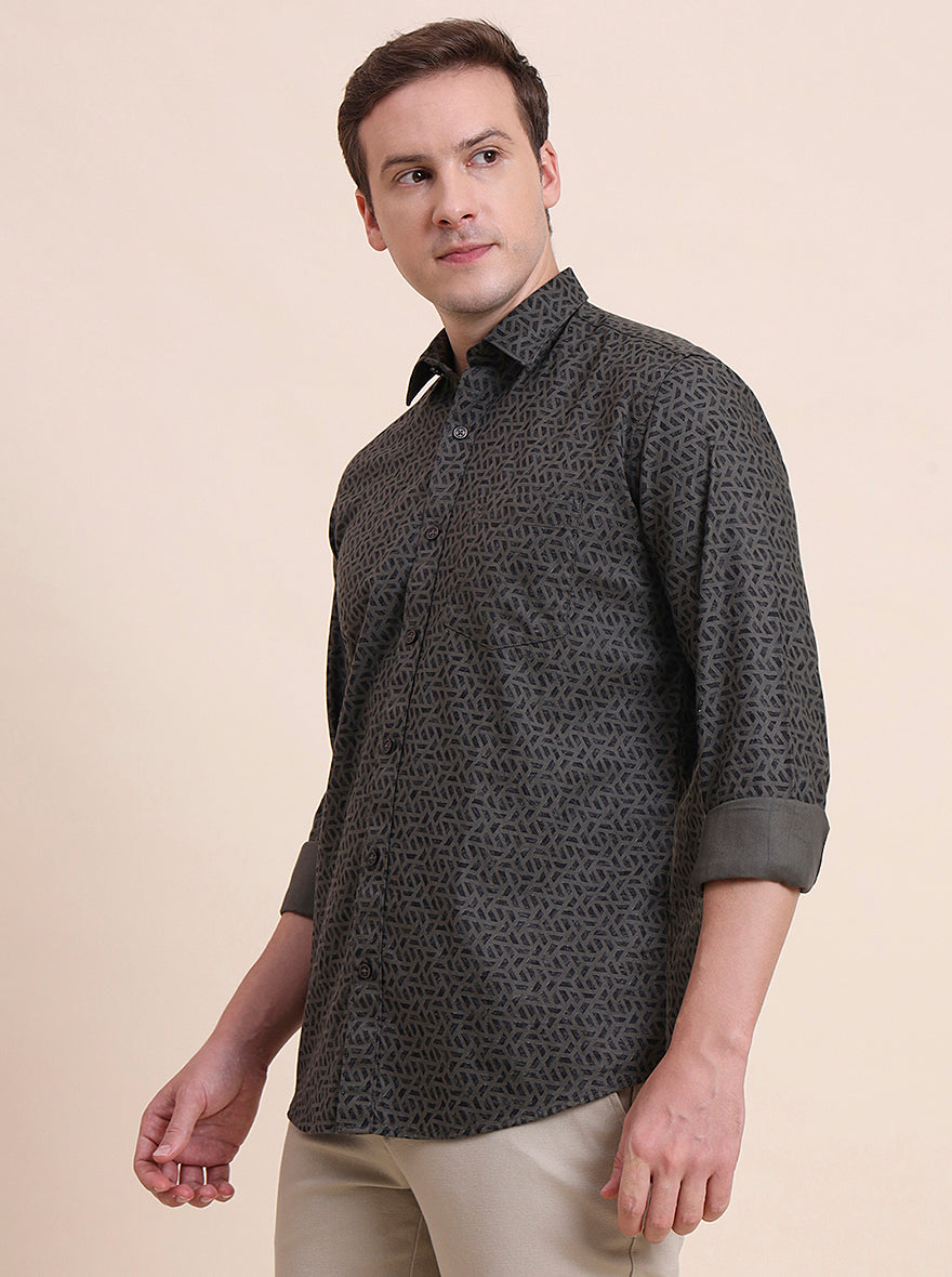 Olive Printed Tailored Fit Semi Casual Shirt | JadeBlue