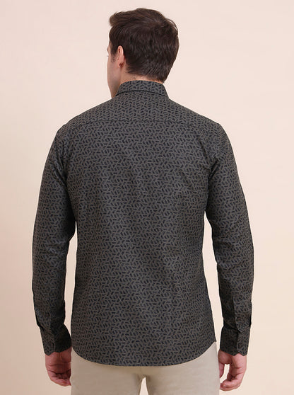 Olive Printed Tailored Fit Semi Casual Shirt | JadeBlue
