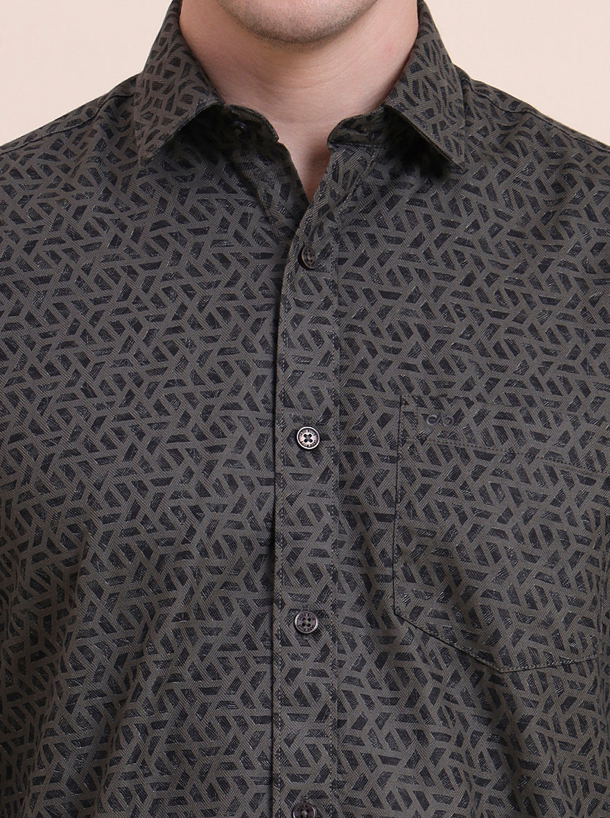 Olive Printed Tailored Fit Semi Casual Shirt | JadeBlue