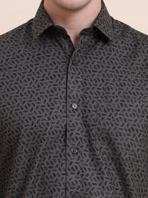 Olive Printed Tailored Fit Semi Casual Shirt | JadeBlue