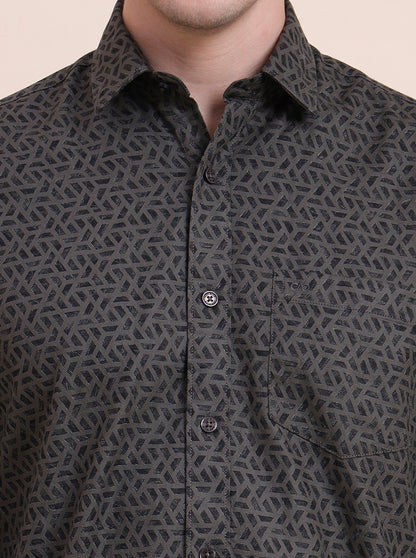 Olive Printed Tailored Fit Semi Casual Shirt | JadeBlue