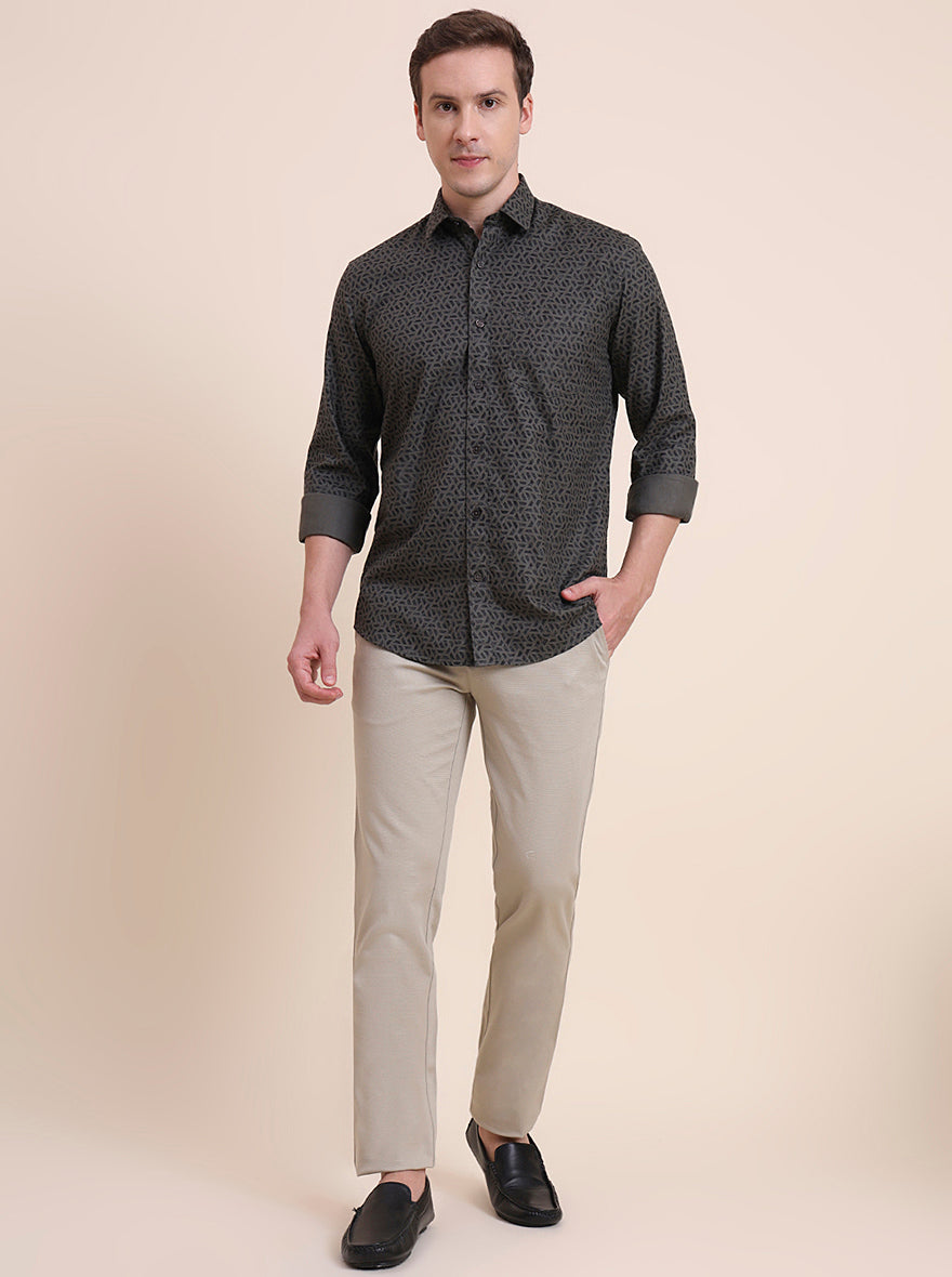 Olive Printed Tailored Fit Semi Casual Shirt | JadeBlue